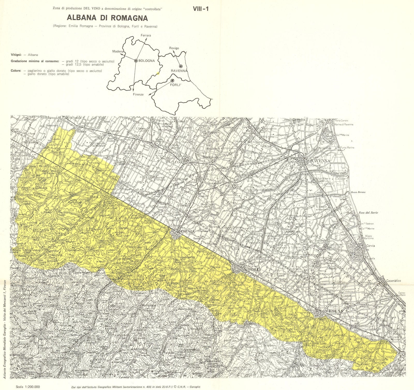 Italy wine. Albana di Romagna DOC. Emilia Romagna Bologna Forli Ravenna 1976 map